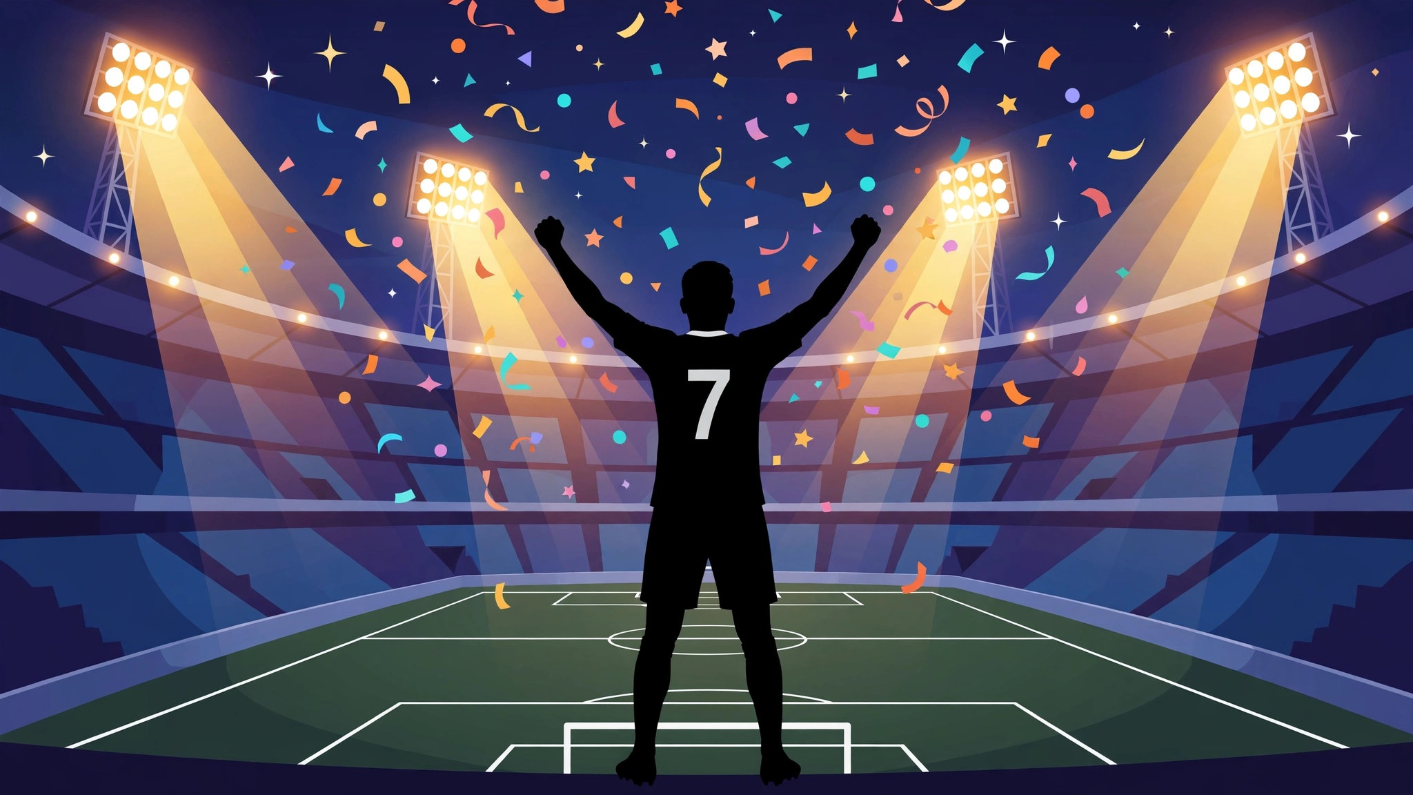 Illustration of a football striker silhouette celebrating a goal in a packed stadium