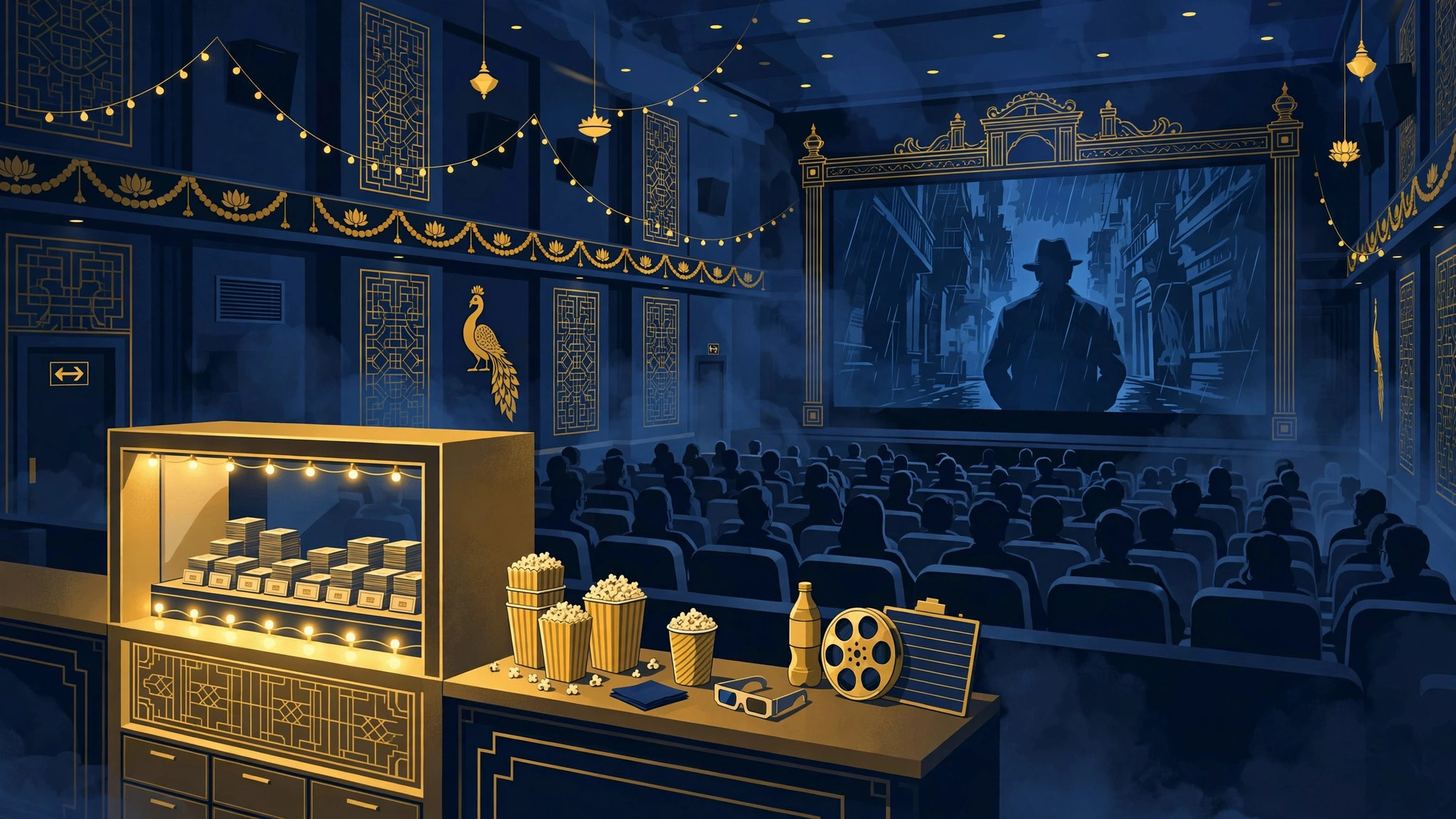 Illustration of a cinema hall with a busy box office counter