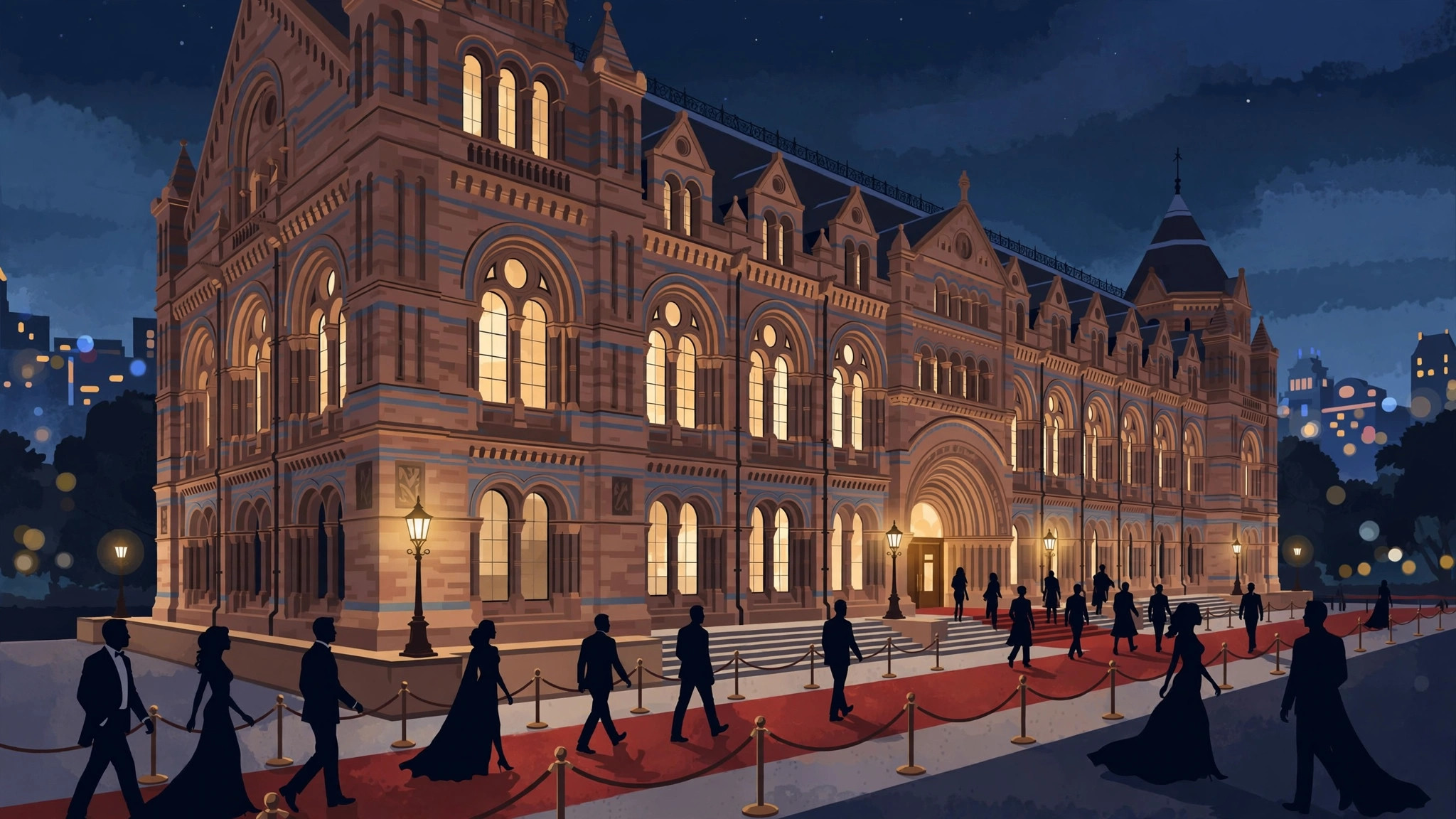 A red carpet evening outside a London museum at night