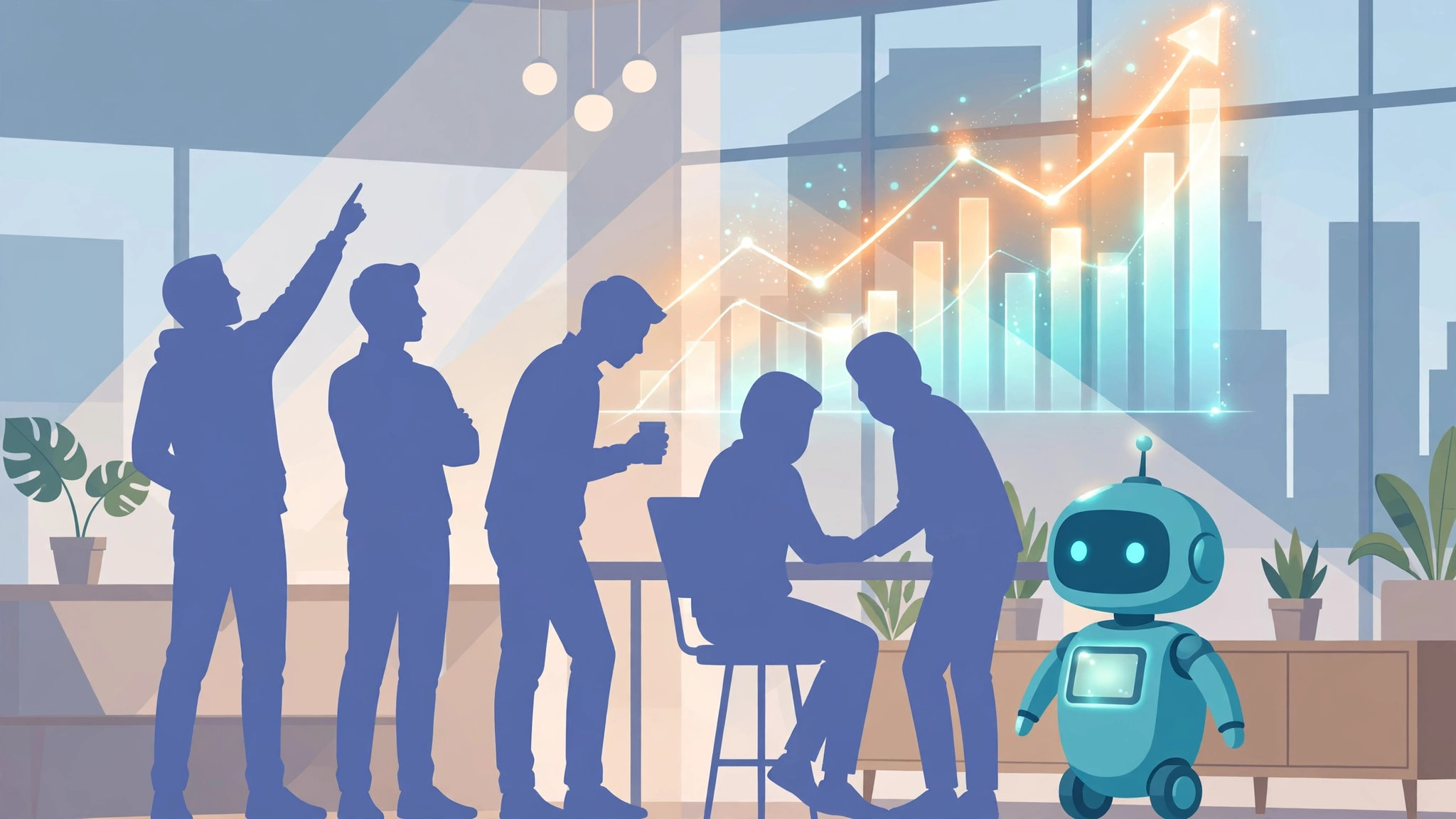 Illustration of an AI startup office with a friendly robot assistant at a desk