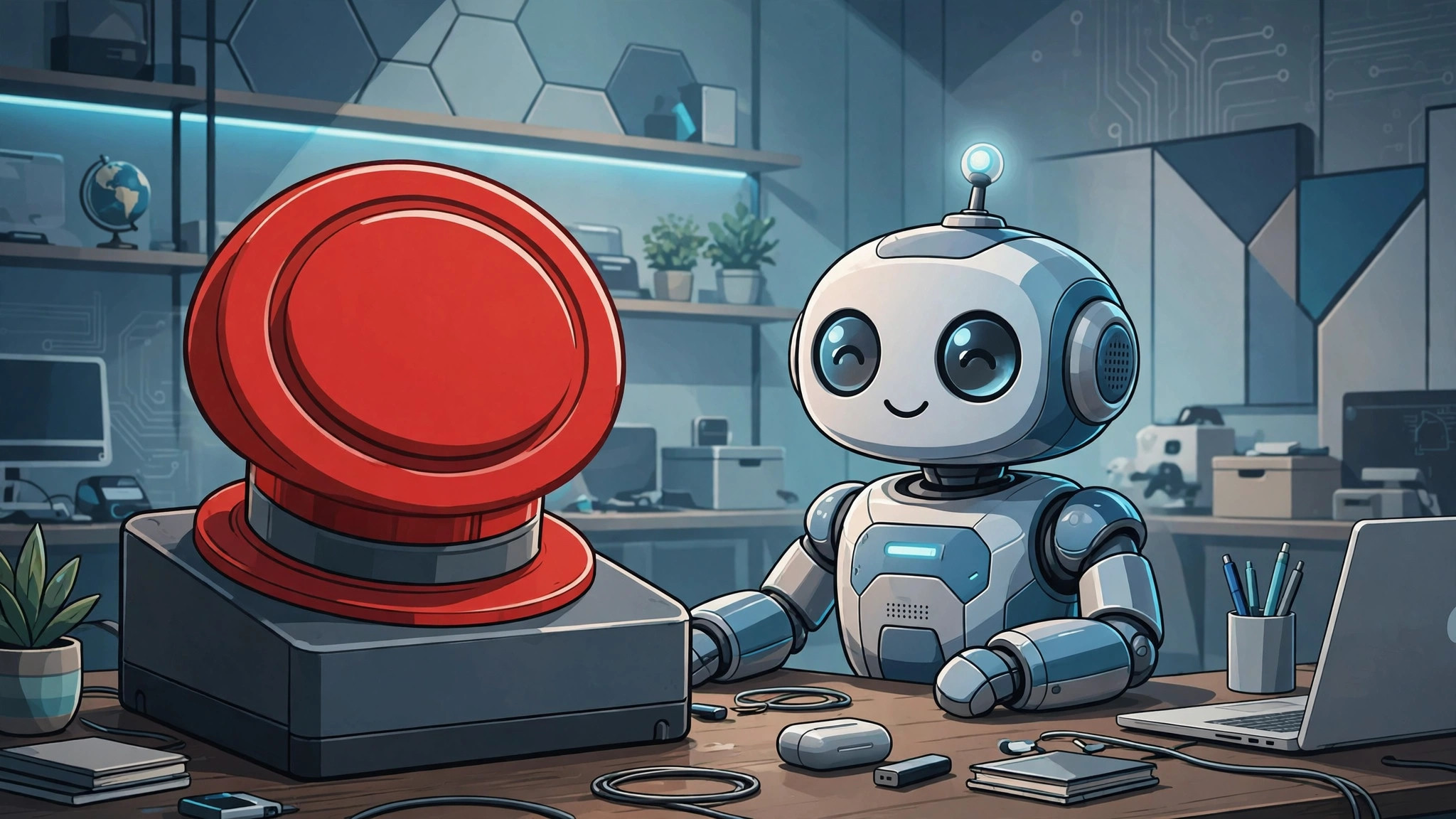 Illustration of a big red emergency stop button next to an AI robot