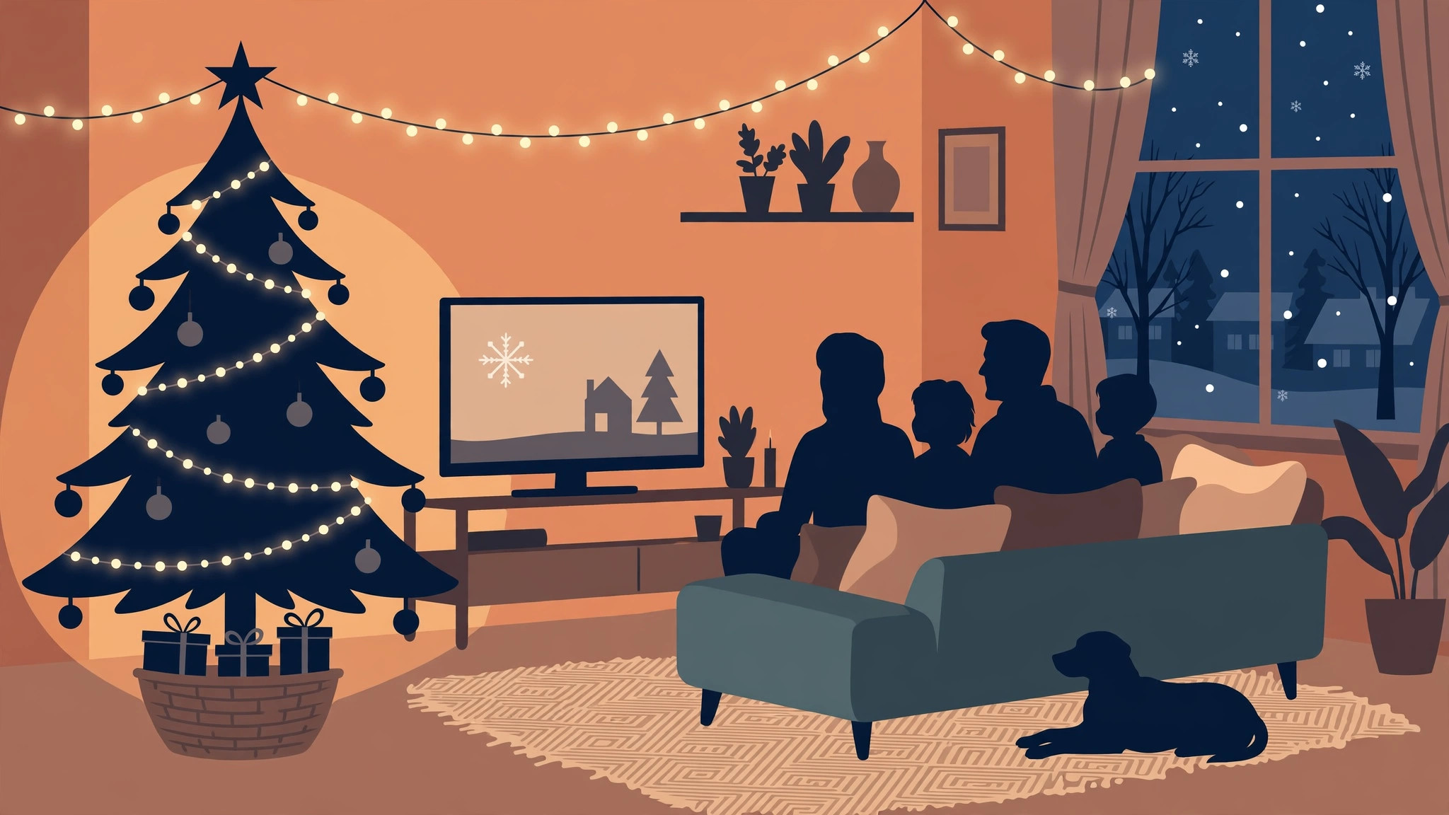A cozy living room with a Christmas tree and a movie playing on TV