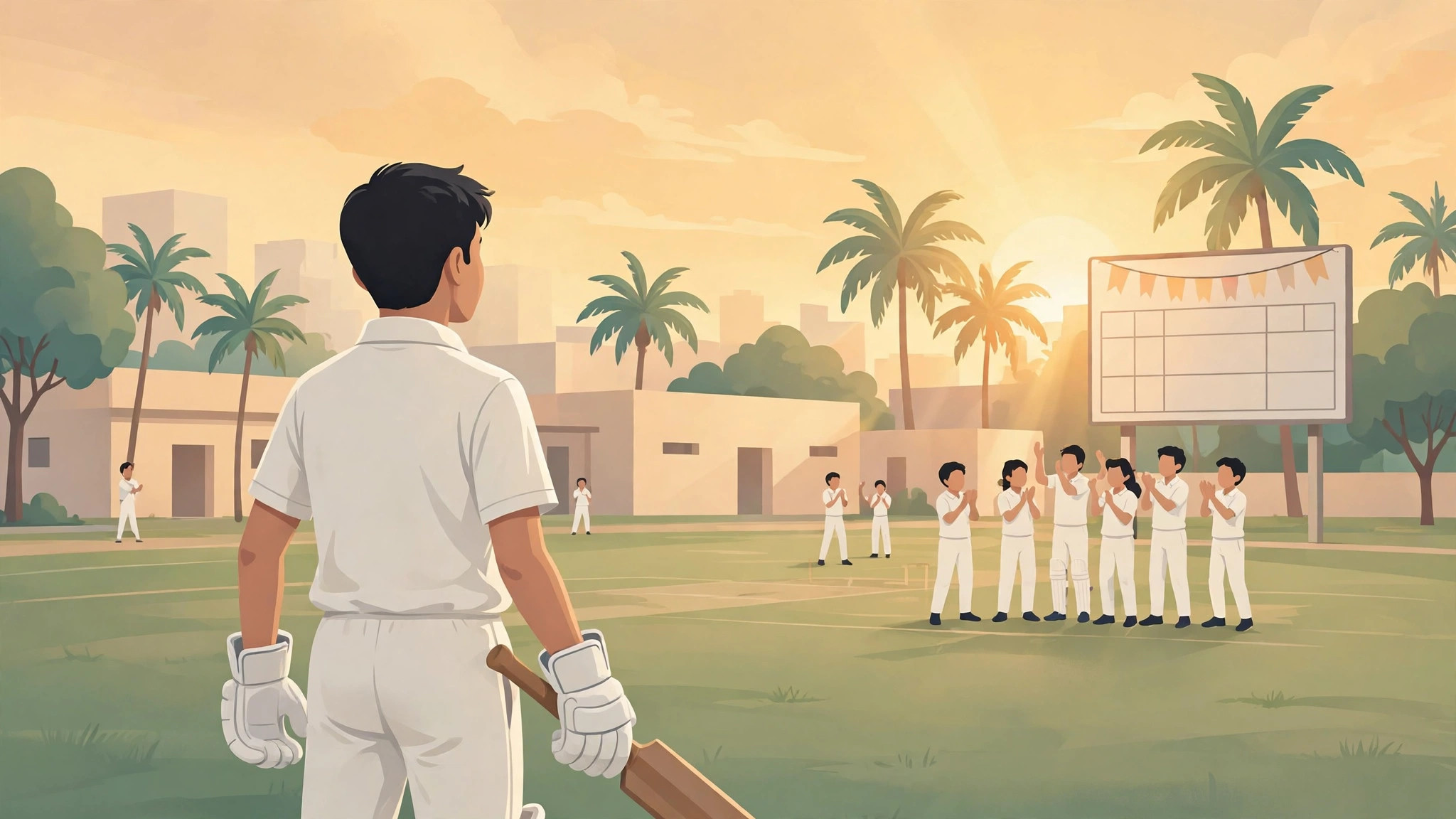Illustration of a young school cricketer in white uniform with wicketkeeping gloves and a bat on a school cricket ground in Karachi
