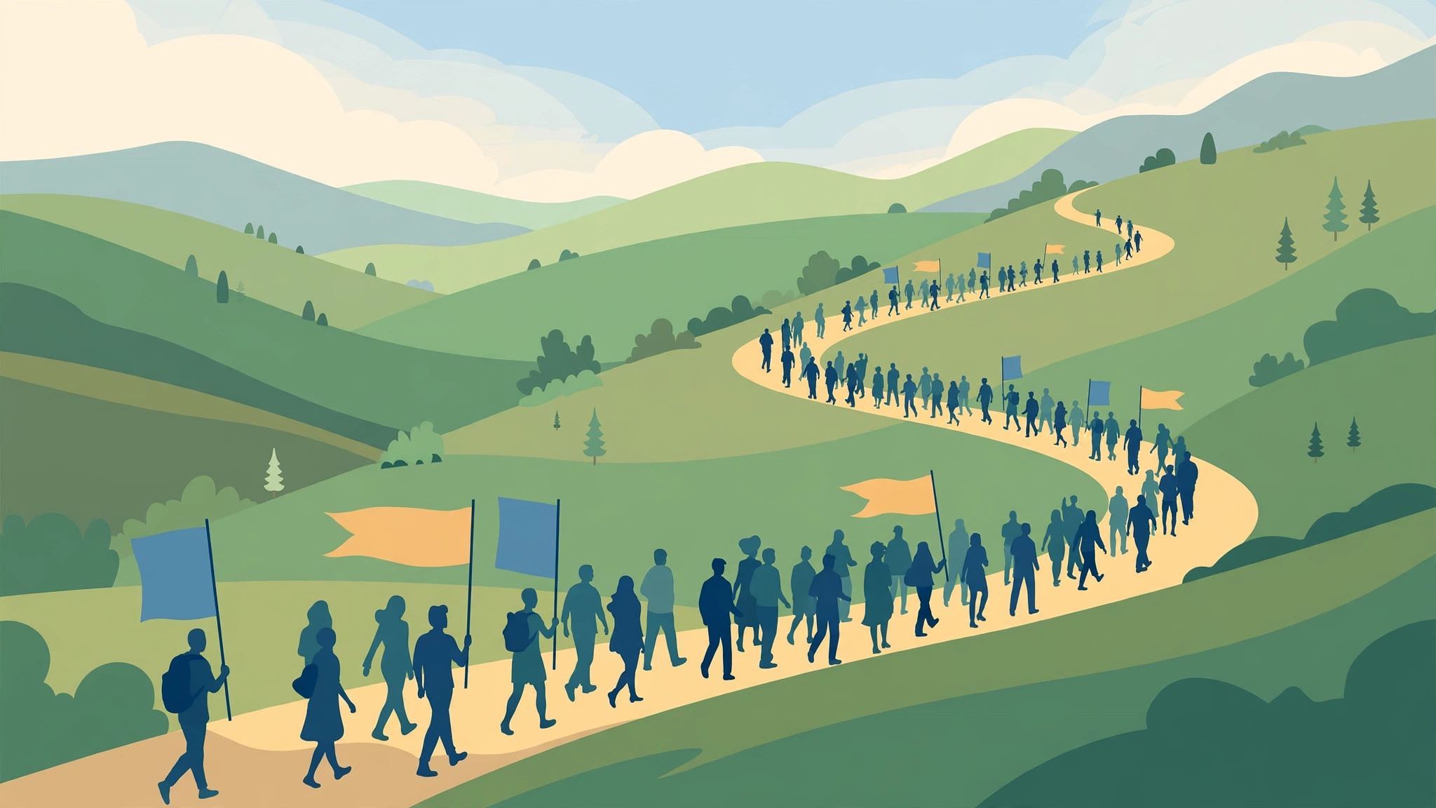 Illustration of a peaceful crowd marching on a mountain road in Khyber Pakhtunkhwa.