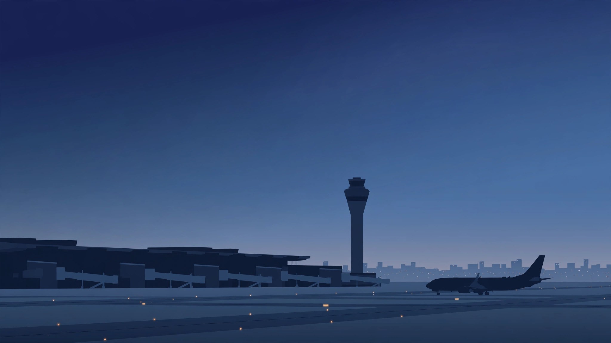Illustration of an airport terminal and control tower silhouetted against a dark night sky