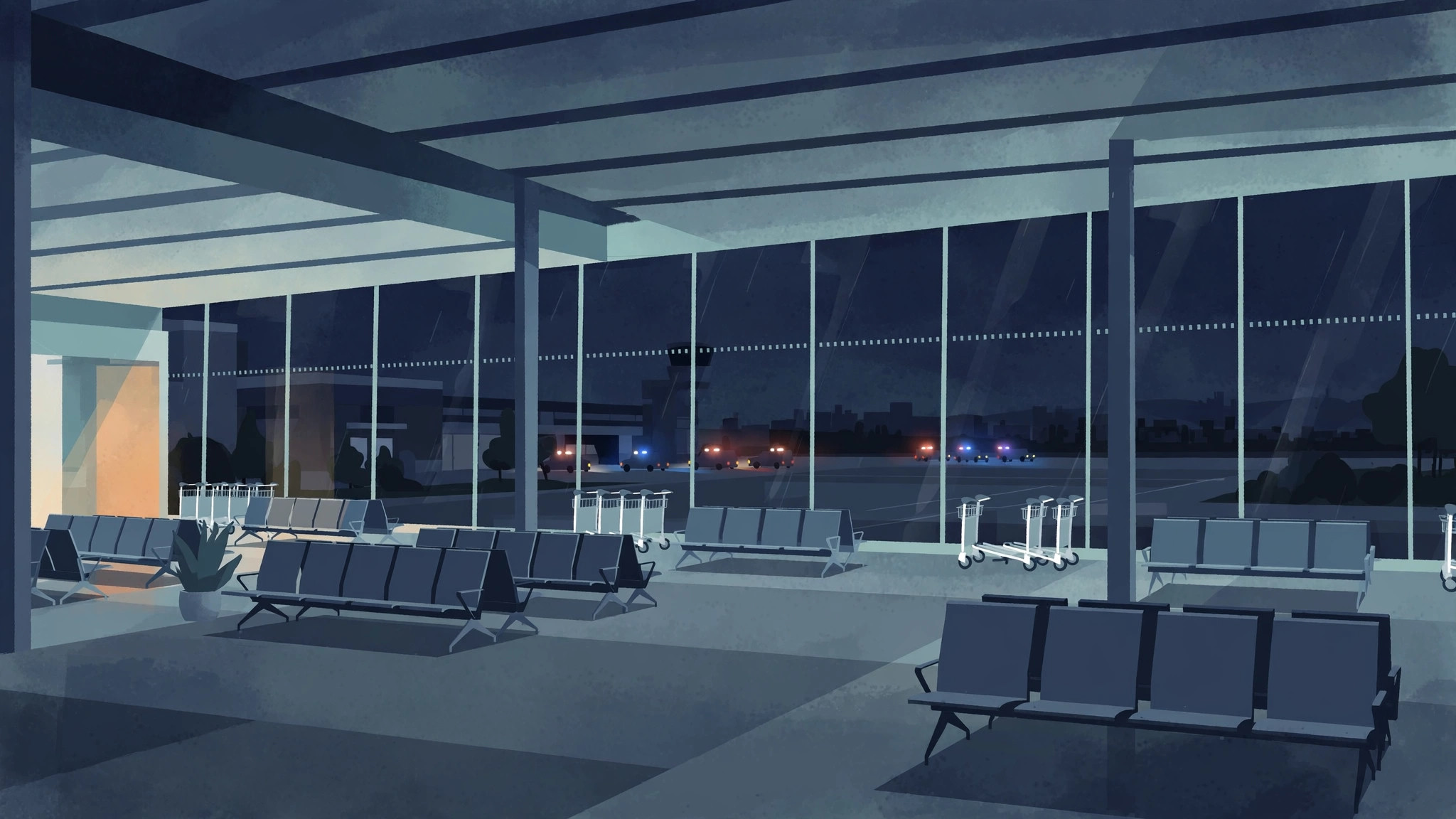 Illustration of an airport terminal at night with distant emergency lights
