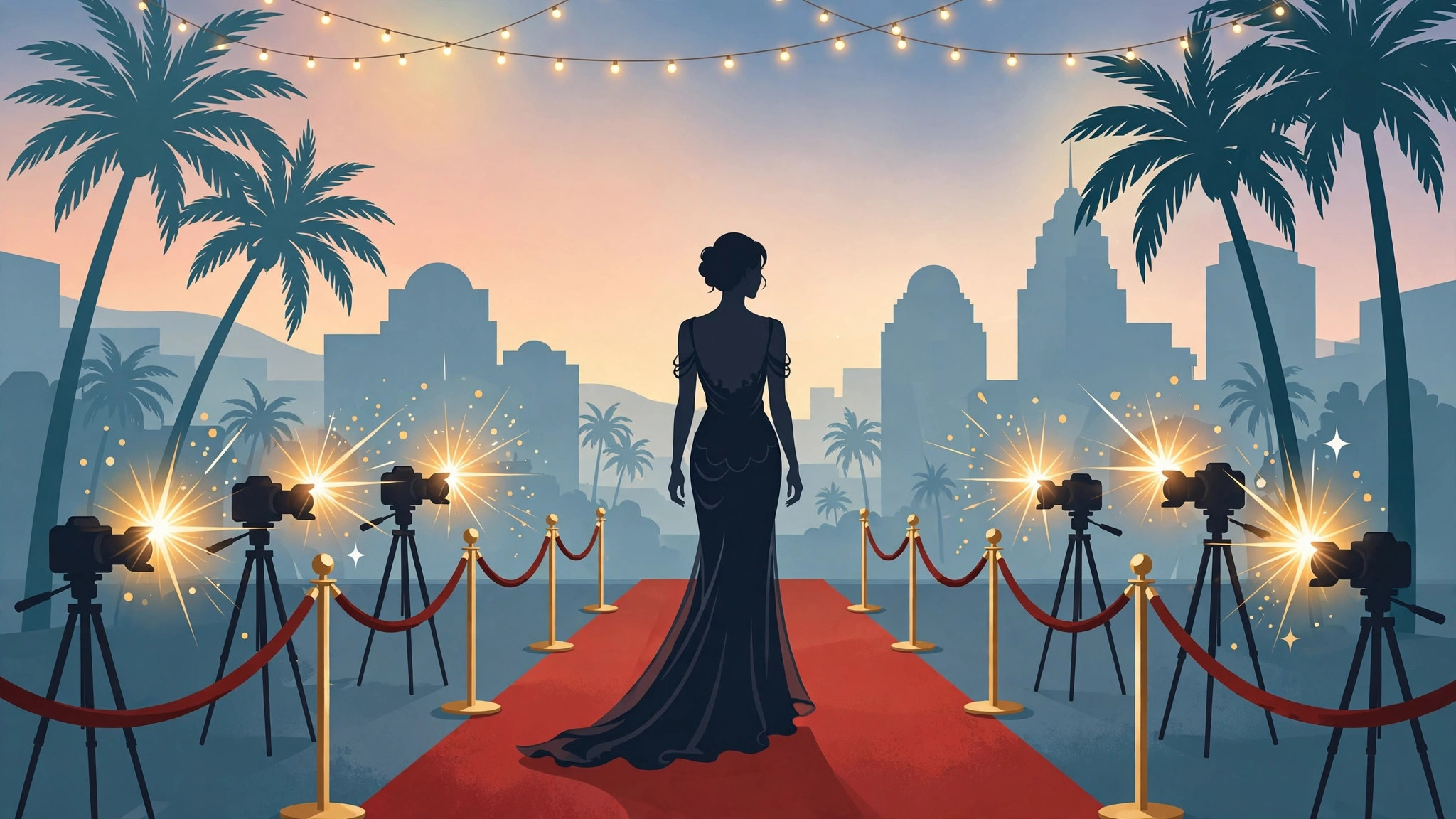 Illustration of a Hollywood red carpet with an actress silhouette seen from behind and camera flashes.